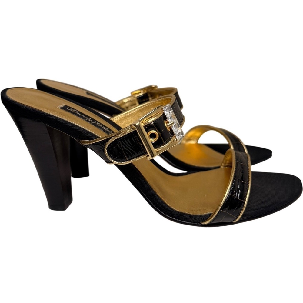 Beverly Feldman Black‎ Gold Croc Patent Mule Heels Ankle Strap Party 8.5 - Picture 3 of 10